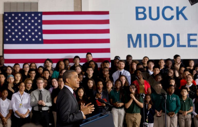 President Barack Obama speaks about his ConnetED goal of connecting 99% of students to next generation broadband and wireless technology within five years, Tuesday, Feb. 4, 2014, at Buck Lodge Middle School in Adelphi, Md. (AP Photo/Jacquelyn Martin)