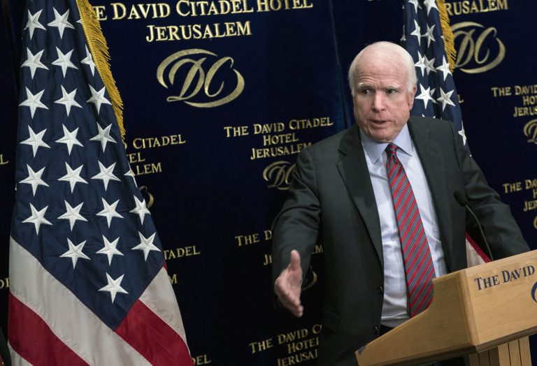 U.S. Sen. John McCain answers a question during a press conference at the David Citadel hotel in Jerusalem, Friday, Jan. 3, 2014. Republican Sen. McCain said Israeli Prime Minister Benjamin Netanyahu has 