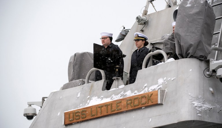 An unusually bitter cold snap has trapped the USS Little Rock up north since Christmas Eve, just over a week after its commissioning. (U.S. Navy photo courtesy of Lockheed Martin/Released)
