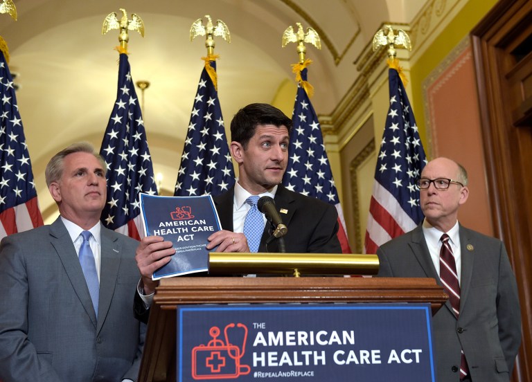 House Speaker Paul Ryan of Wis., center, standing with Energy and Commerce Committee Chairman Greg Walden, R-Ore., right, and House Majority Whip Kevin McCarthy, R-Calif., left, speaks during a news conference on the American Health Care Act on Capitol Hill in Washington, Tuesday, March 7, 2017. (AP Photo/Susan Walsh)