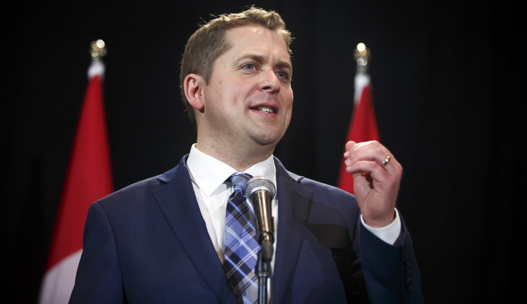 Andrew Scheer, leader of Canada's Conservative Party, speaks during a news conference following the Conservative Party Of Canada Leadership Conference in Toronto, Ontario, Canada, on Saturday, May 27, 2017. Canada's Conservative Party has settled on a stay-the-course candidate to be its next leader, electing Scheer to be Prime Minister Justin Trudeauâs chief rival in a surprise multi-ballot victory.