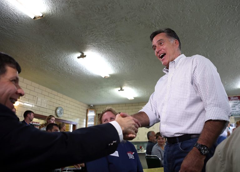 ZANESVILLE, OH - AUGUST 14:  Republican presidential candidate and former Massachusetts Governor Mitt Romney greets patrons at Tom's Ice Cream Bowl on August 14, 2012 in Zanesville, Ohio. Mitt Romney is wrapping up his multi state bus tour with campaign events in Ohio.  (Photo by Justin Sullivan/Getty Images)