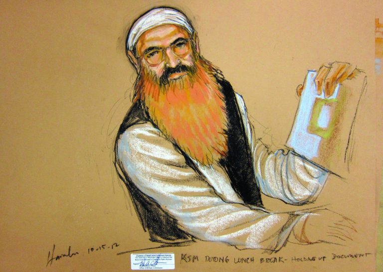 In this photo of a sketch by courtroom artist Janet Hamlin and reviewed by the U.S. Department of Defense, Khalid Sheikh Mohammed holds up a piece of paper during a court recess at his Military Commissions pretrial hearing in the Guantanamo Bay U.S. Naval Base in Cuba, Monday, Oct. 15, 2012. Khalid Sheikh Mohammed, who has portrayed himself as the mastermind behind the Sept. 11 attacks, and four other co-defendants were back before a military tribunal, forgoing the protest that turned their last appearance into an unruly 13-hour spectacle. (AP Photo/Janet Hamlin, Pool)