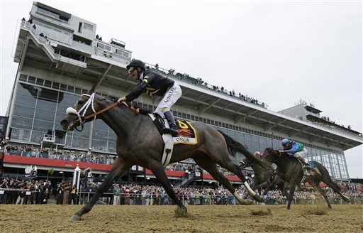 Oxbow, ridden by jockey Gary Stevens, wins the 138th Preakness Stakes horse race at Pimlico Race Course, Saturday, May 18, 2013, in Baltimore. (AP Photo/Matt Slocum)