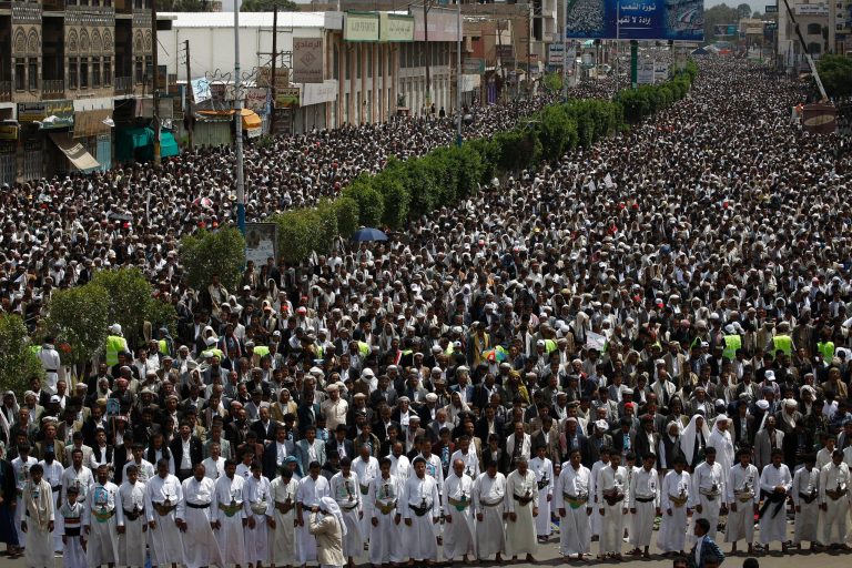 Hawthi Shiite protesters perform Friday prayers during a funeral procession of fellow protesters who were killed in recent clashes with Yemeni police in Sanaa, Yemen, Friday, Sept. 12, 2014. Yemeni officials said Thursday that security forces have gone on high alert, fearing that al-Qaida members are streaming into the capital, where a Shiite rebel group's demonstrations have turned deadly. The reports of al-Qaida infiltration came as the government sought international mediation in reaching a peaceful resolution to its conflict with the Shiite rebel group known as the Hawthis, which clashed with police in the capital Sanaa earlier this week. (AP Photo/Hani Mohammed)