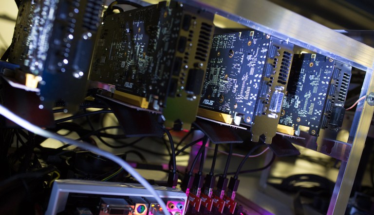 Motherboards sit on operating shelves in Moscow, Russia.