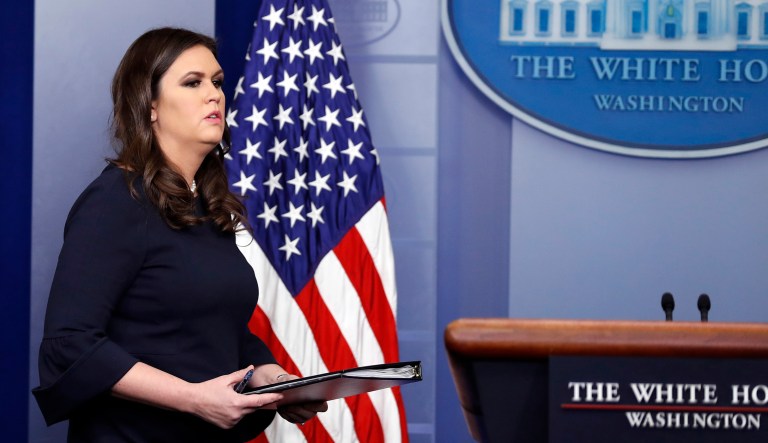 White House press secretary Sarah Huckabee Sanders arrives for a press briefing at the White House, Tuesday, Oct. 31, 2017, in Washington. (AP Photo/Alex Brandon)