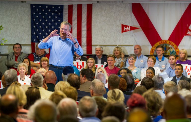 Republican presidential candidate, former Florida Gov. Jeb Bush, speaks at the Pensacola Bay Center in Pensacola, Fla., Wednesday Aug. 26, 2015. (AP Photo/Mark Wallheiser)