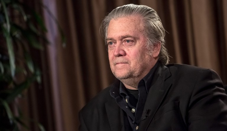 Steve Bannon, former chairman of Breitbart News Network LLC and former Trump political strategist, pauses during a Bloomberg Television interview in Prague, Czech Republic, on Tuesday, May 22, 2018. Bannon condemned a weekend truce in the U.S. trade dispute with China as a capitulation, signaling dissatisfaction among the president's allies.