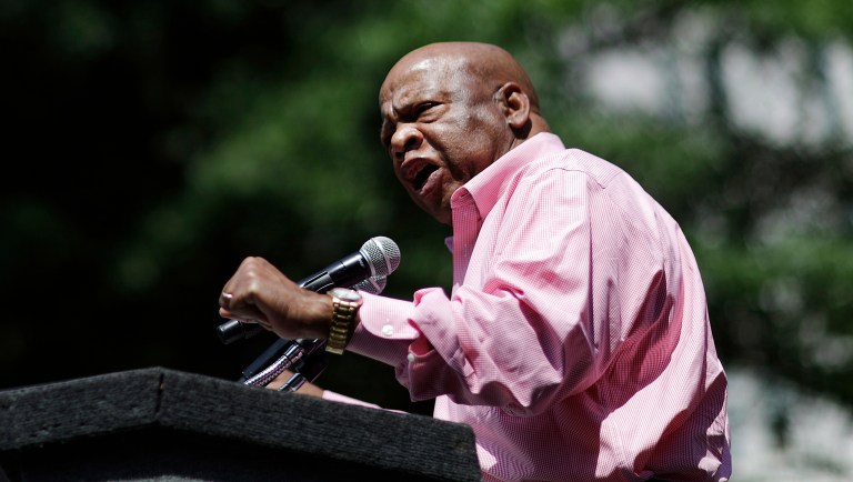 Rep. John Lewis, D-Ga., urged students on Saturday to help recreate a sense of hope that has been lost in America today and to participate in civil disobedience if necessary. (AP Photo/David Goldman)