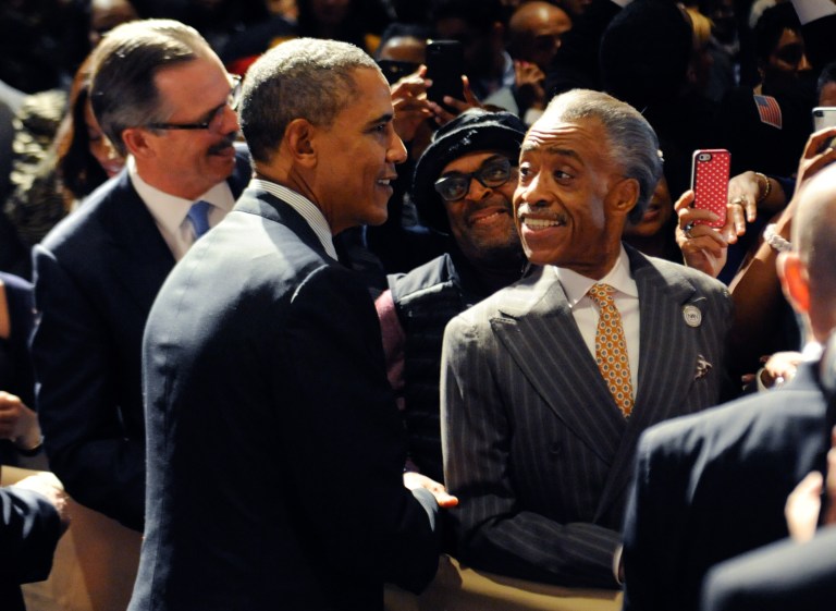 President Barack Obama, left, shakes hands with audience members as Spike Lee, center, and Rev. Al Sharpton stand by at the National Action Network conference Friday, April 11, 2014, in New York. (AP Photo/The Daily News, Julia Xanthos, Pool)