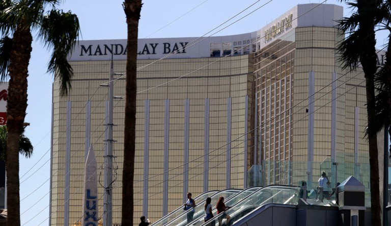 Stephen Paddock, the man who carried out the mass shooting in Las Vegas on Sunday, had cameras installed inside and outside his hotel room on the 32nd floor of the Mandalay Bay Hotel, according to law enforcement. (AP Photo/Marcio Jose Sanchez)