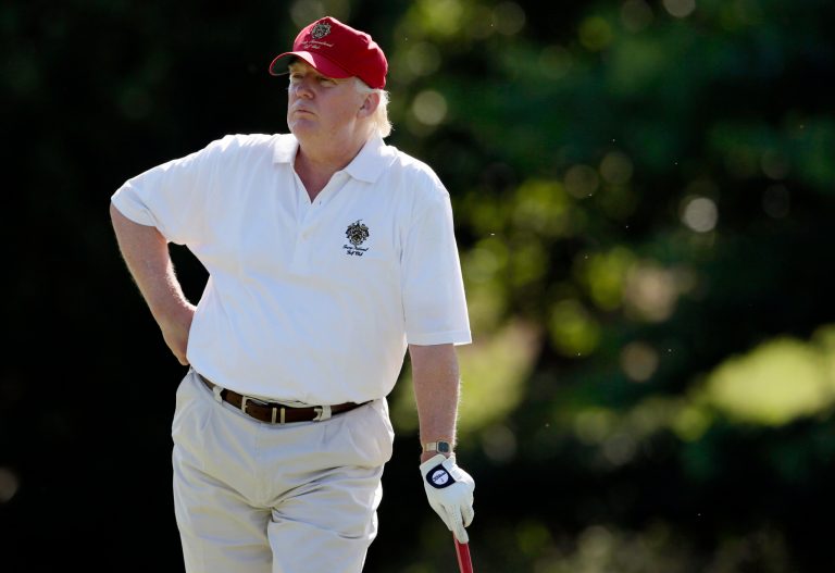 Republican presidential candidate Donald Trump talks a lot about winning, even when it comes to challenging President Obama in a round of golf. (AP Photo/Patrick Semansky, File)