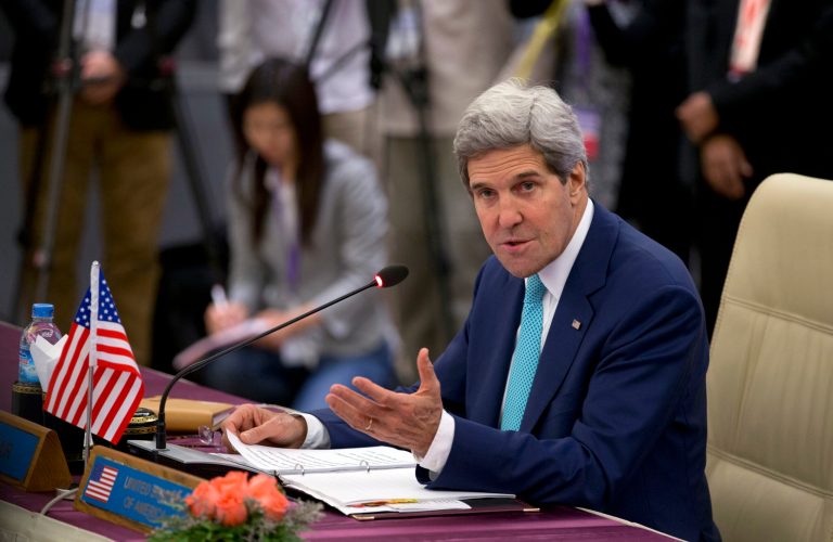 U.S. Secretary of State John Kerry address during the Association of Southeast Asian Nations (ASEAN) and U.S. Ministerial meeting in Naypyitaw, Myanmar, Saturday, Aug 9, 2014. (AP Photo/Gemunu Amarasinghe)
