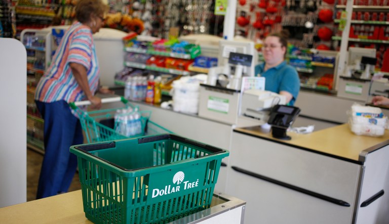 A shopping basket sits on a checkout counter at a Dollar Tree Inc. store in Louisville, Kentucky, U.S., on Friday, Aug. 24, 2018. Dollar Tree Inc. is scheduled to release earnings figures on August 30.