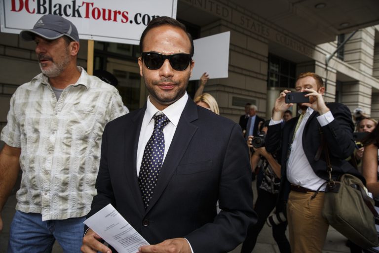 George Papadopoulos, former campaign adviser for U.S. President Donald Trump, walks out of federal court in Washington, D.C., U.S., on Friday, Sept. 7, 2018. Papadopoulos was sentenced to 14 days in jail after being charged with making a false statement in Special Counsel Robert Mueller's probe of Russian meddling in the 2016 U.S. presidential election.