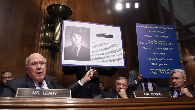 Sen. Patrick Leahy, a Democrat from Vermont, left, speaks during a Senate Judiciary Committee hearing in Washington.