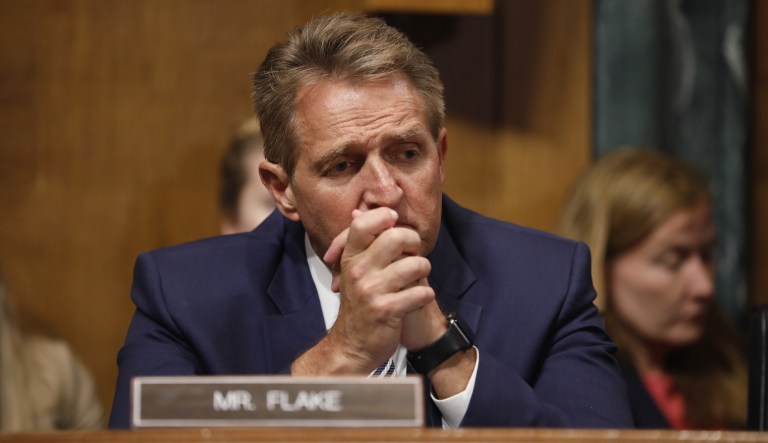 Sen. Jeff Flake, R-Ariz., listens during a Senate Judiciary Committee markup hearing in Washington, D.C., on Friday, Sept. 28, 2018.
