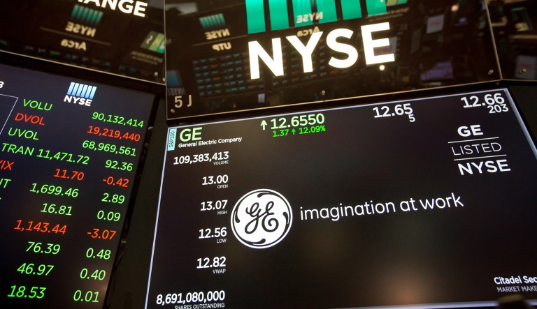 A monitor displays General Electric Co. signage on the floor of the New York Stock Exchange (NYSE) in New York, U.S., on Monday, Oct. 1, 2018. U.S. stocks rose toward records, while the Canadian dollar and Mexican peso gained after negotiatorsÂ agreedÂ to a new version of the Nafta trade pact.