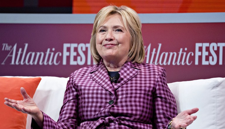 Hillary Clinton, former U.S. secretary of state, gestures while speaking during an Atlantic Festival discussion in Washington, D.C., on Tuesday, Oct. 2, 2018.