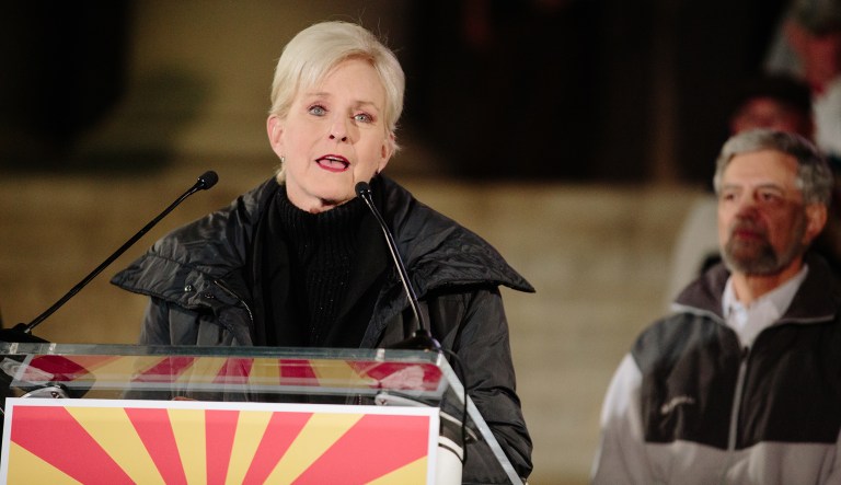 Cindy McCain, wife of late Senator John McCain, speaks during a campaign rally with Martha McSally, Republican U.S. Senate candidate from Arizona, not pictured, outside the Historic Yavapai County Courthouse in Prescott, Arizona, U.S., on Monday, Nov. 5, 2018.