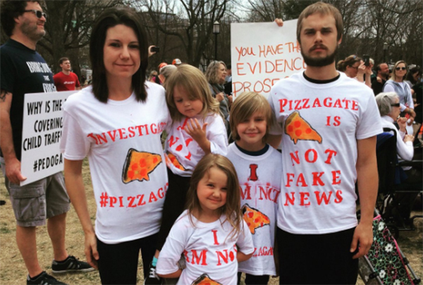 Kori Hayes and her family wore Pizzagate shirts to the rally. (Photo courtesy of Kristen h, via Twitter)