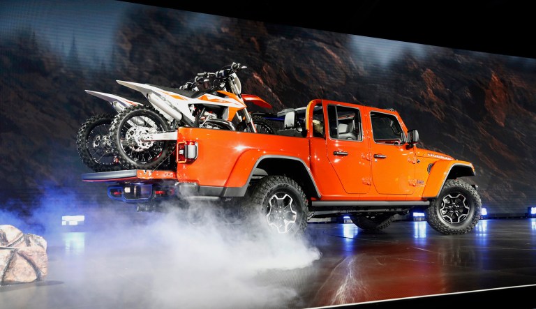 A Fiat Chrysler Automobiles NV Jeep brand 2020 Gladiator Rubicon trim pickup truck is demonstrated during AutoMobility LA ahead of the Los Angeles Auto Show in Los Angeles, California, U.S., on Wednesday, Nov. 28, 2018.