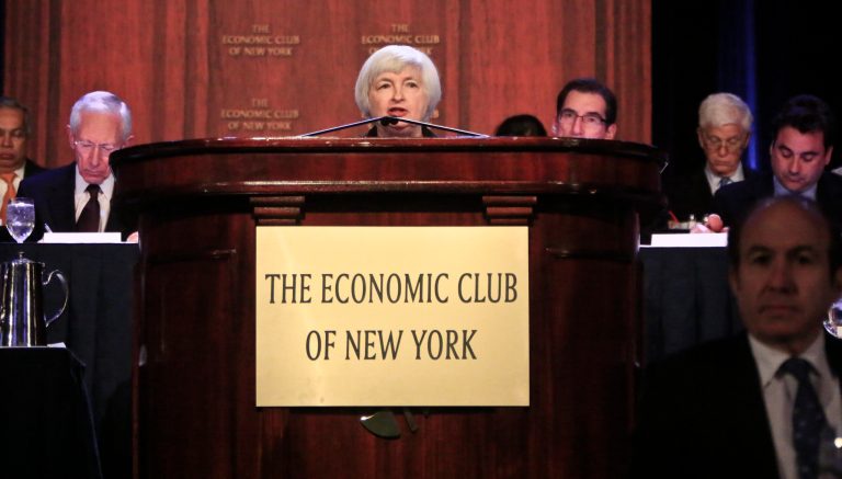 Federal Reserve Chairwoman Janet Yellen speaks during a luncheon at the Economic Club of New York on April 16. Yellen said the U.S. job market still needs help from the Fed and that the central bank must remain intent on adjusting its policy to respond to unforeseen challenges. (AP Photo/Bebeto Matthews)