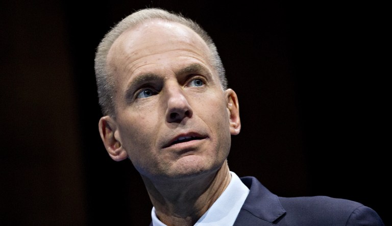 Dennis Muilenburg, chief executive officer of Boeing Co., speaks.