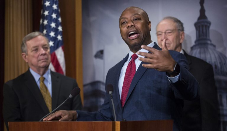 Senator Tim Scott, a Republican from South Carolina, speaks during a news conference on criminal justice reform on Capitol Hill in Washington, D.C., U.S., on Wednesday, Dec. 19, 2018.
