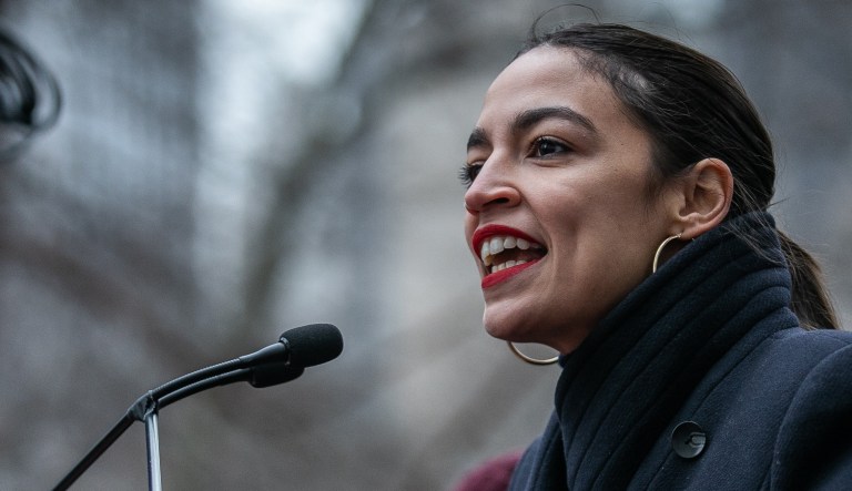 Representative Alexandria Ocasio-Cortez, a Democrat from New York, speaks during the third annual Women's March near Columbus Circle in New York, U.S., on Saturday, Jan. 19, 2019.