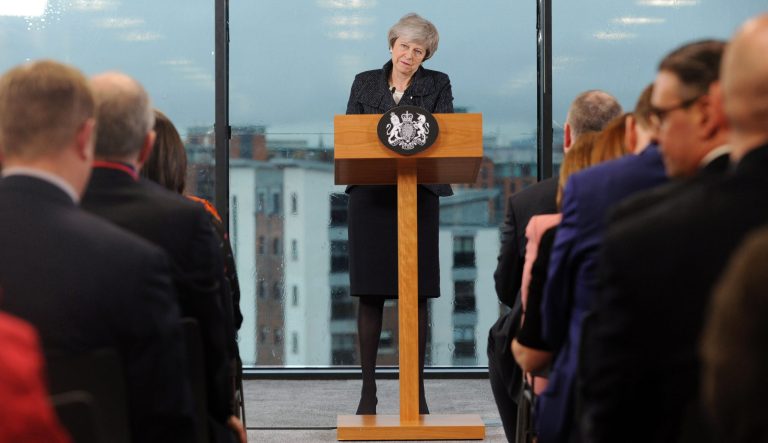 Theresa May, U.K. prime minister, pauses while speaking in Belfast, Northern Ireland, on Tuesday, Feb. 5, 2019.