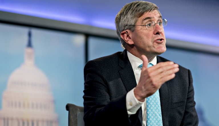 Stephen Moore, visiting fellow at the Heritage Foundation, speaks during a Bloomberg Television interview in Washington, D.C., U.S., on Friday, March 22, 2019. President Donald Trump said he's nominating Moore, a long-time supporter of the president, for a seat on the Federal Reserve Board.