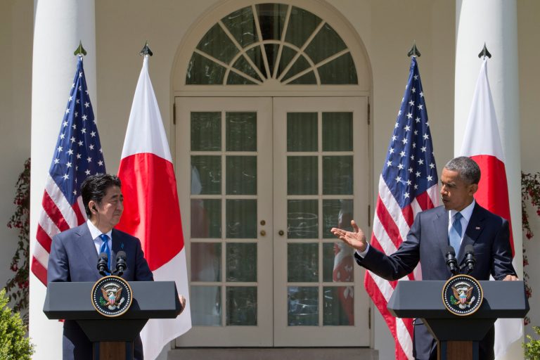 Obama defended the ongoing push for the trade deal in a press conference in the Rose Garden with Japanese Prime Minister Shinzo Abe, the top counterpart in the trade talks. (AP Photo)Â 