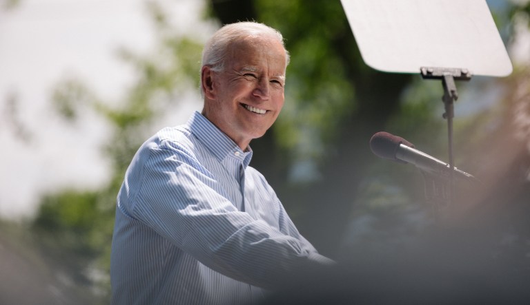 Former Vice President Joe Biden, 2020 Democratic presidential candidate, smiles while speaking during a campaign rally in Philadelphia on Saturday, May 18, 2019.