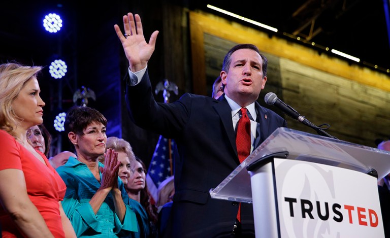 Republican presidential candidate, Sen. Ted Cruz, R-Texas, waves as he speaks during an election night watch party Tuesday, March 1, 2016, in Stafford, Texas. (AP Photo/David J. Phillip)