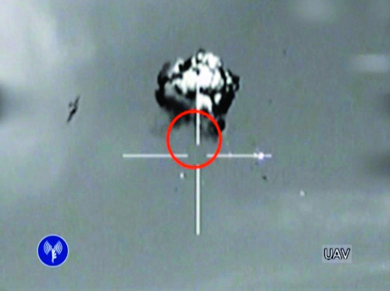 This image made from video released by the Israeli Defense Forces shows the downing of a drone that entered Israeli airspace in southern Israel, Saturday, Oct. 6, 2012. Israeli jets scrambled to intercept a drone that crossed into Israeli airspace Saturday from the Mediterranean Sea, bringing it down without incident in the south of the country, a military spokeswoman said.(AP Photo/Israeli Defense Forces via AP video)