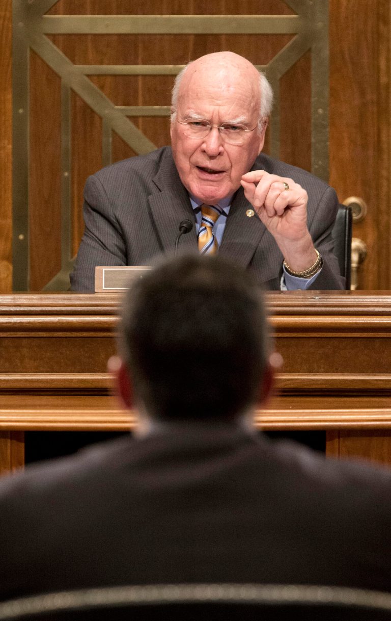 Senate subcommittee on State, Foreign Operations and Related Programs  Chairman Sen. Patrick Leahy, D-VT., top, questions US Agency for International Development (USAID) Administrator Dr. Rajiv Shah, bottom, on Capitol Hill in Washington, Tuesday, April 8, 2014, during the committee's hearing of the USAID's fiscal 2015 budget. Leahy demanded to know who came up with the idea to launch a secret 