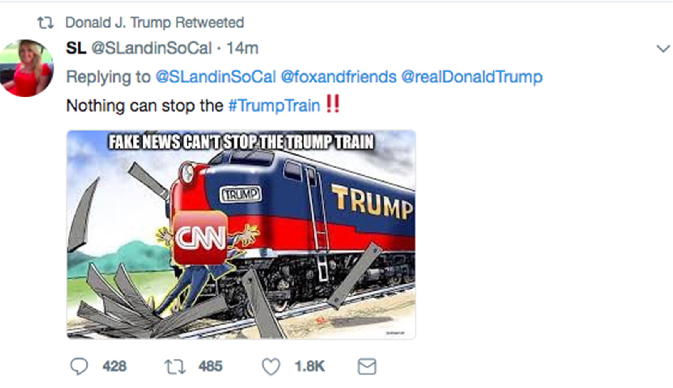 Trump shares image of CNN reporter getting hit by train days after woman killed with car in Charlottesville