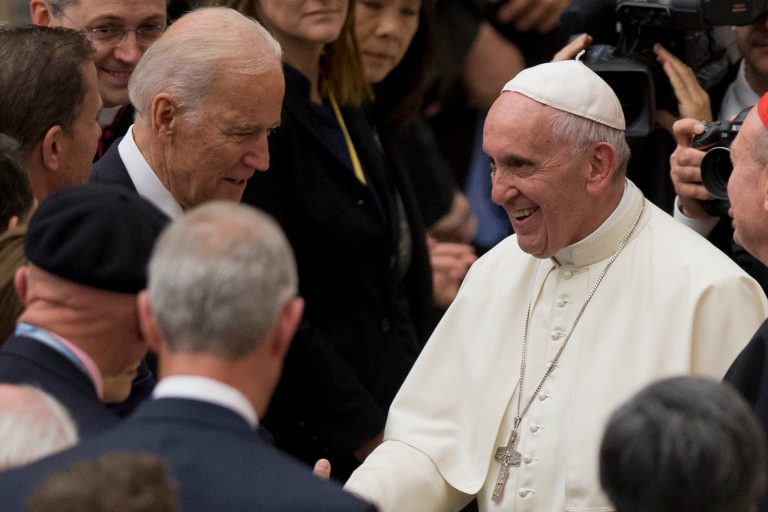 Pope Francis shakes hands with US vice president Joe Biden as he takes part in a congress on the progress of regenerative medicine and its cultural impact. (AP Photo/Andrew Medichini)