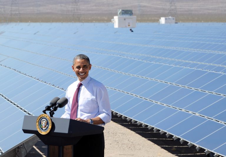 President Barack Obama speaks at Sempra U.S. Gas & Power's Copper Mountain Solar 1 facility, the largest photovoltaic solar plant in the United States on March 21, 2012 in Boulder City, Nev. (Photo by Ethan Miller/Getty Images)