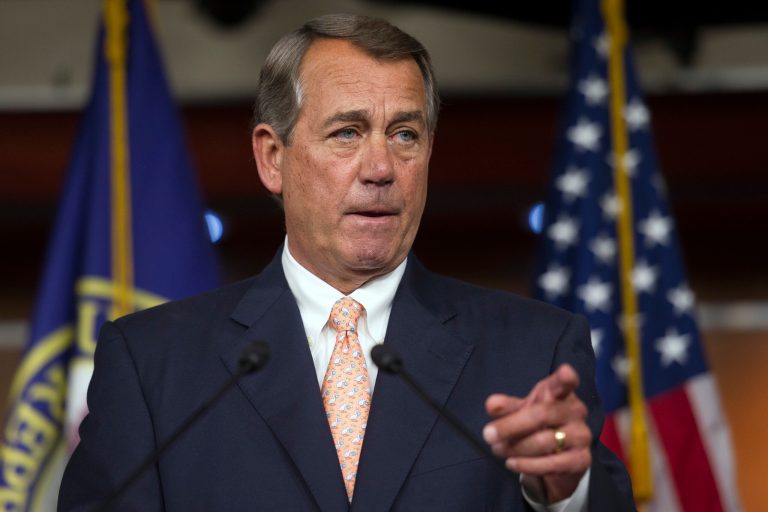 Speaker of the House John Boehner, R-Ohio, gestures while speaking with reporters on Capitol Hill in Washington, Thursday, July 9, 2015. Boehner said he disagrees with GOP presidential candidate Donald Trump's inflammatory comments on immigration. (AP Photo/Cliff Owen)