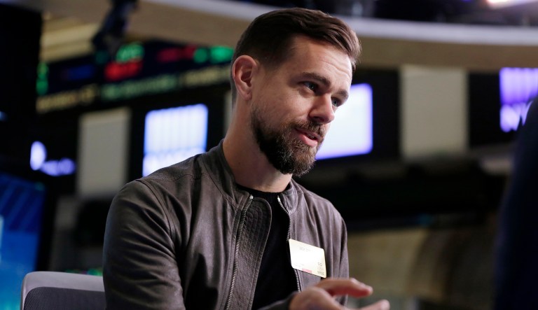 FILE - In this Thursday, Nov. 19, 2015, file photo, Twitter CEO Jack Dorsey is interviewed on the floor of the New York Stock Exchange. (AP Photo/Richard Drew, File)