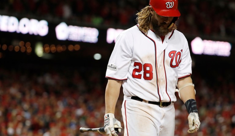 Washington Nationals' Jayson Werth walks from the plate after striking out during the ninth inning in Game 5 of baseball's National League Division Series against the Chicago Cubs, at Nationals Park, early Friday, Oct. 13, 2017, in Washington. (AP Photo/Alex Brandon)