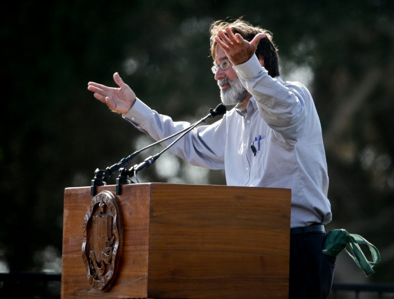 Richard Martinez talks about his son Christopher Michael-Martineza during a memorial service for the victims and families of Friday's rampage at Harder Stadium on the campus of University of California, Santa Barbara, on May 27 in the Isla Vista area near Goleta, Calif. (AP/Chris Carlson)