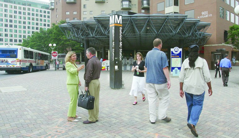 Published: No Published CaptionOriginal: Brig Cabe/Examiner     The Ballston Metrorail entrance in front of the Ballston Metro Center, in the Ballston section, on july 12, 2006 in Arlington Virginia.