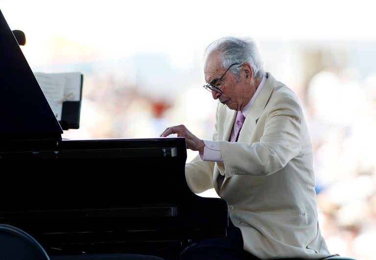   FILE - In this Aug. 8, 2010 file photo, composer Dave Brubeck plays at his last appearance at the Newport Jazz Festival in Newport, R.I. Brubeck died in Connecticut Wednesday morning, Dec. 5, 2012, of heart failure after being stricken while on his way to a cardiology appointment with his son Darius. Brubeck would have turned 92 on Thursday, Dec. 6 (AP Photo/Joe Giblin, File)  