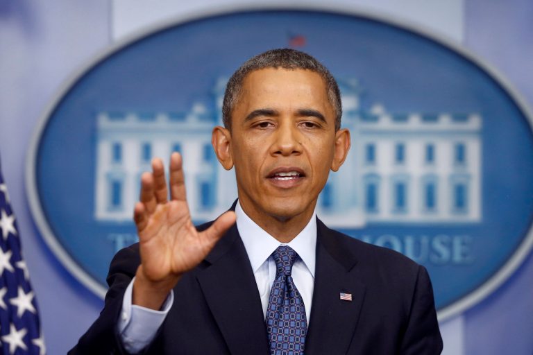 President Barack Obama speaks about the the budget and the partial government shutdown, Tuesday, Oct. 8, 2013, in the Brady Press Room of the White House in Washington. The president said he told House Speaker John Boehner he's willing to negotiate with Republicans on their priorities, but not under the threat of 