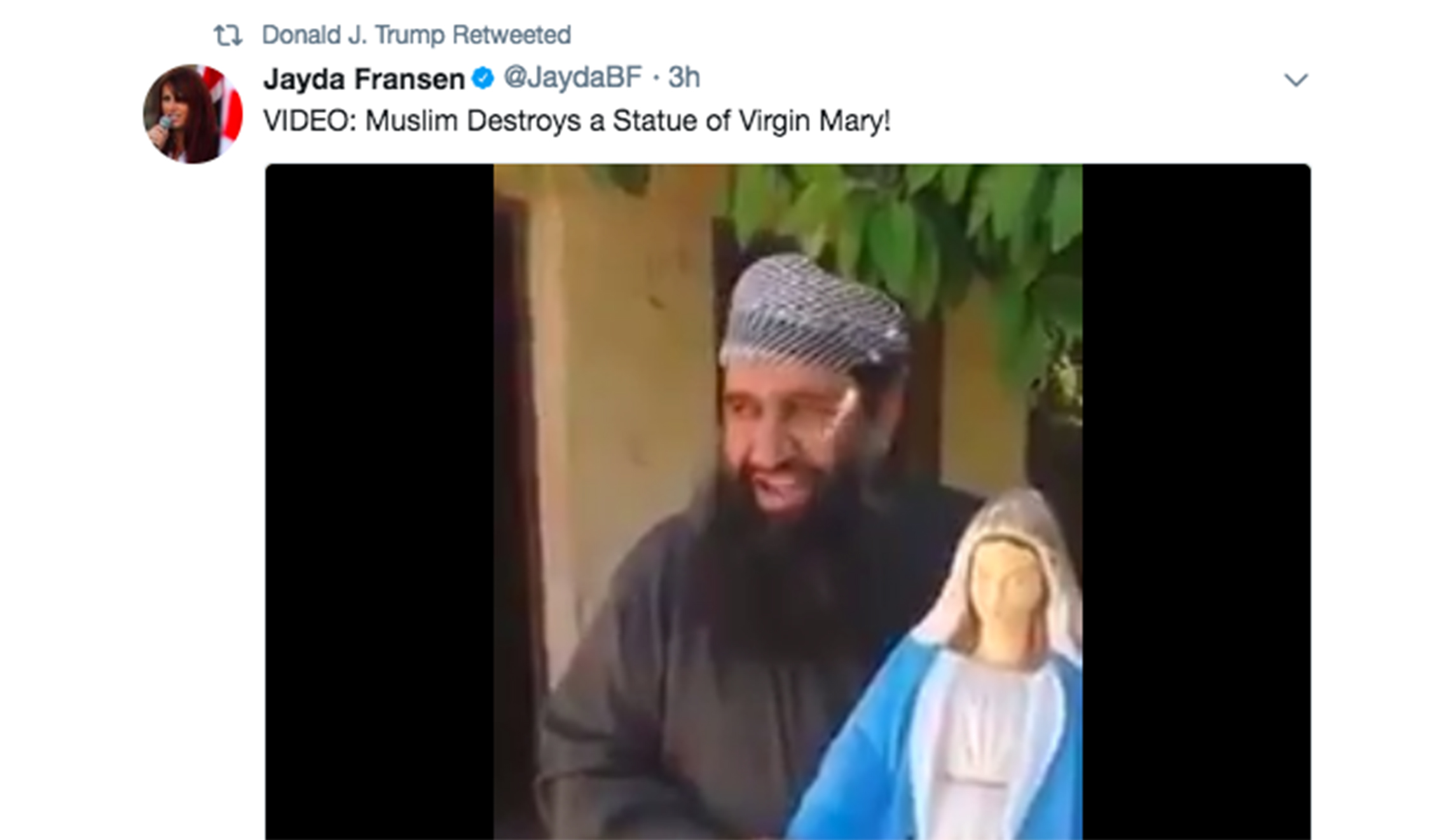 Trump retweets videos that claim Muslim men attacked innocent boy, Virgin Mary statue