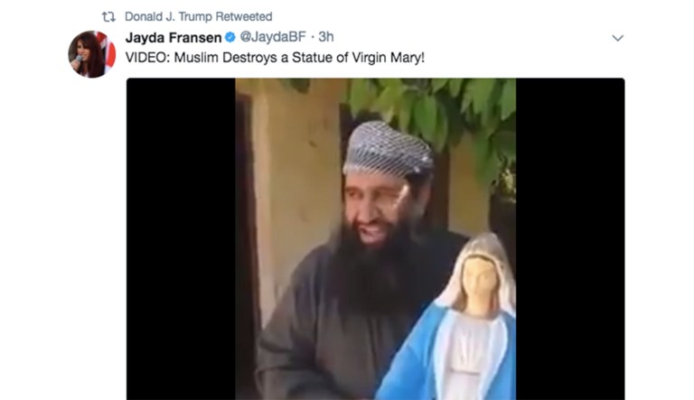 In a video posted by Jaya Fransen, deputy leader of Britain First HQ, a Muslim man holds a 3-foot-tall porcelain statue of the Virgin Mary. The man says something in Arabic then throws the religious item to the ground, breaking it into pieces. (Screenshot)